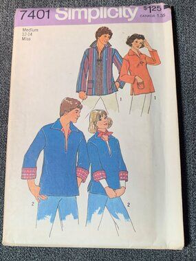 Simplicity Misses Mens Shirt Sewing Pattern Size 12-14 7401 Uncut 1970s